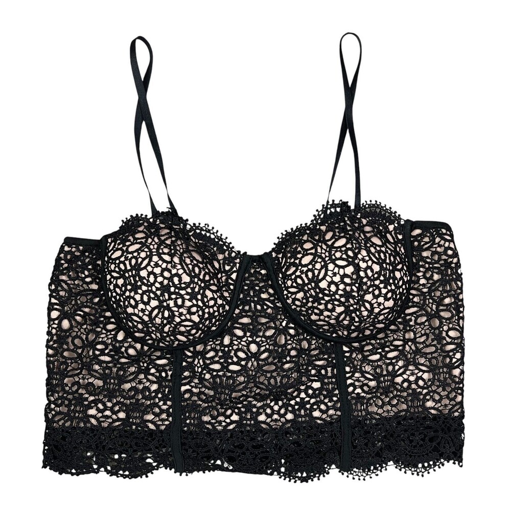 IRIS Black Lace w Nude Lining Bustier Crop Top Size M Cami Femme Going Out